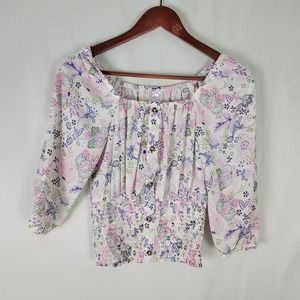 No Boundaries Juniors Blouse Size 1 Top White Floral Long Sleeve Square‎ Neck